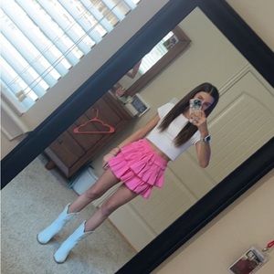 Cute pink ruffle flowy mini skirt day+moon